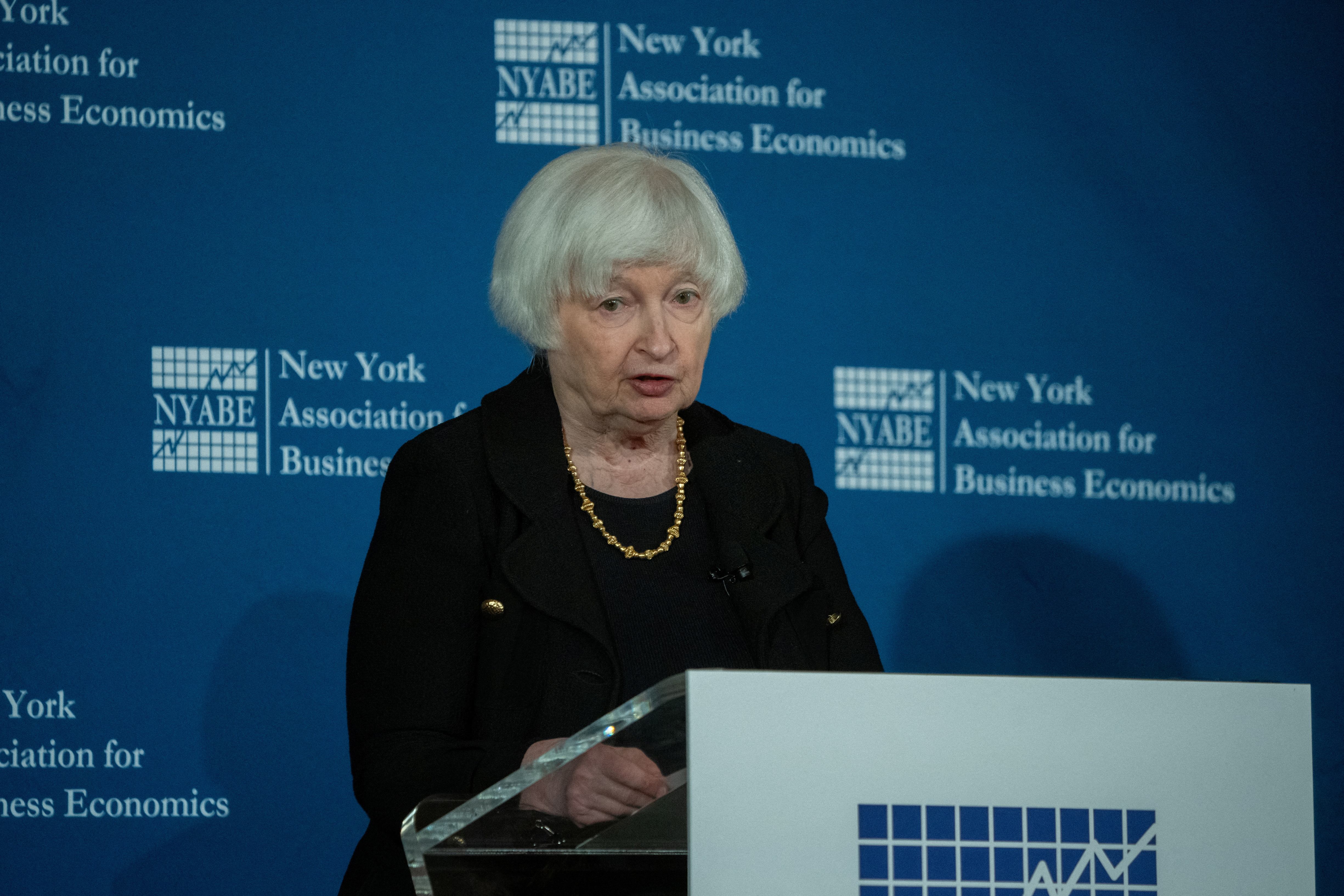 U.S. Treasury Secretary Janet Yellen delivers remarks on the Biden-Harris Administration's Economic Record during an event of the New York Association for Business Economics in New York