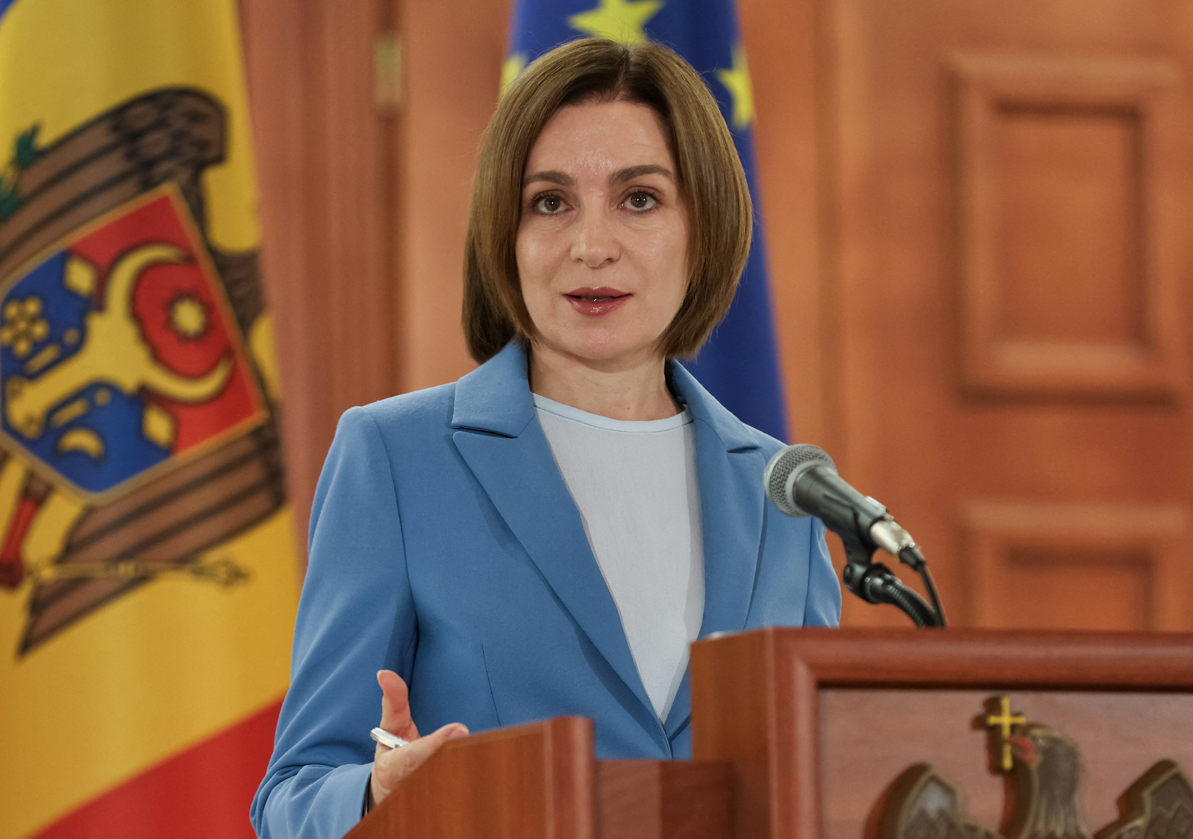 Moldovan President Sandu attends a press conference following the announcement of elections results, in Chisinau