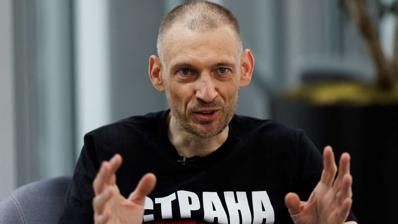 Belarus opposition figure Syarhei Tsikhanouski speaks during interview in Vilnius