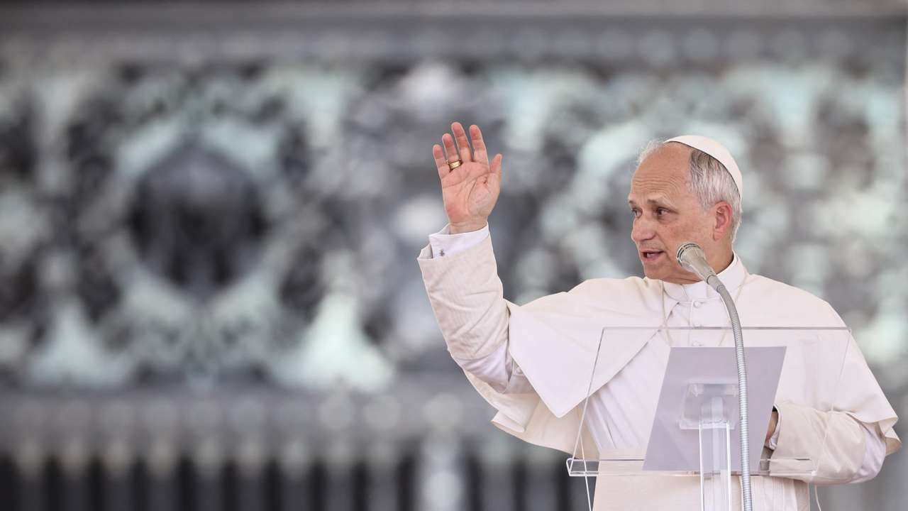 Pope Leo XIV leads the Angelus prayer in St Peter's Square at the Vatican