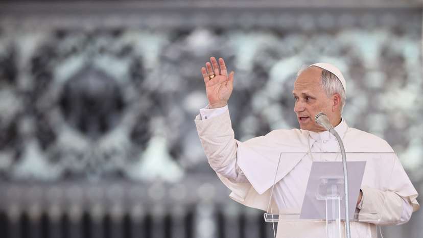 Pope Leo XIV leads the Angelus prayer in St Peter's Square at the Vatican