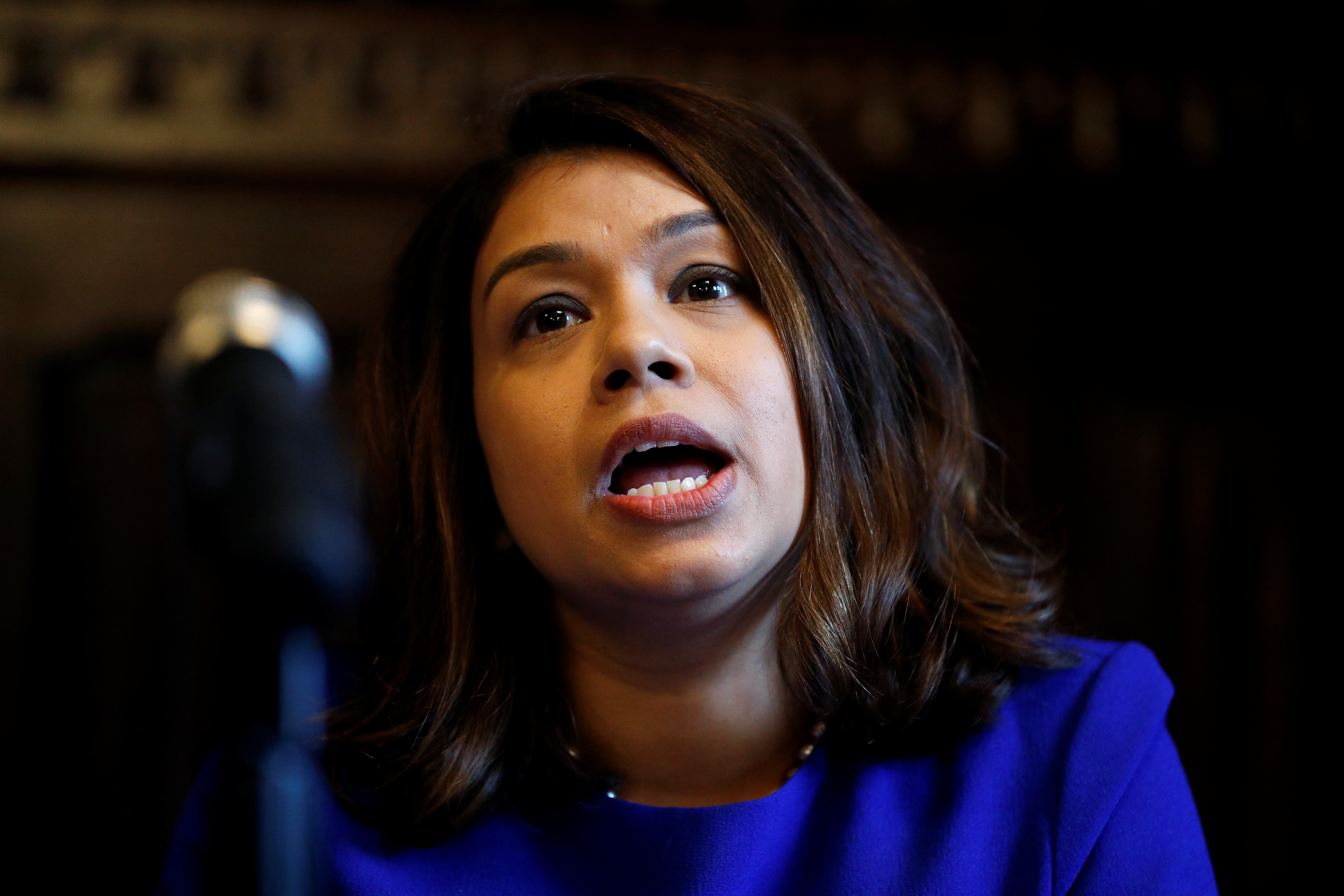 MP Tulip Siddiq attends a news conference in London