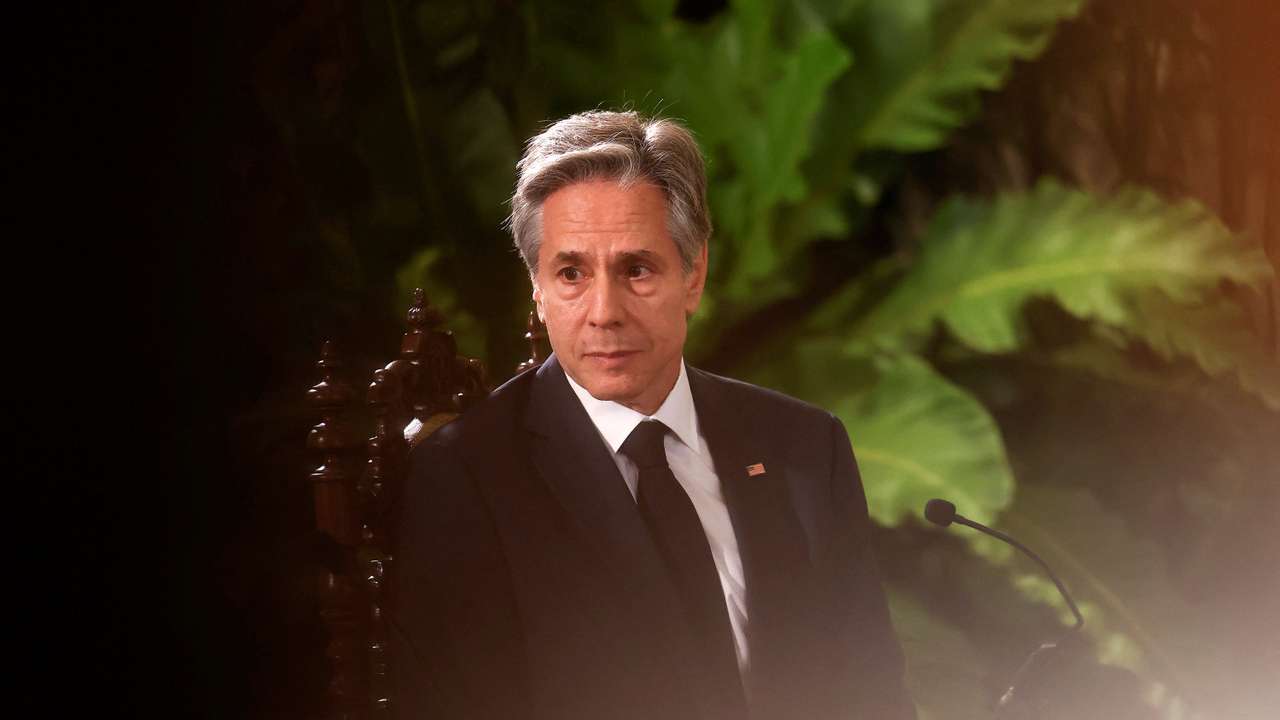 U.S. Secretary of State Antony Blinken listens as he meets with Philippine President Ferdinand Marcos Jr., at the Malacanang presidential palace in Manila