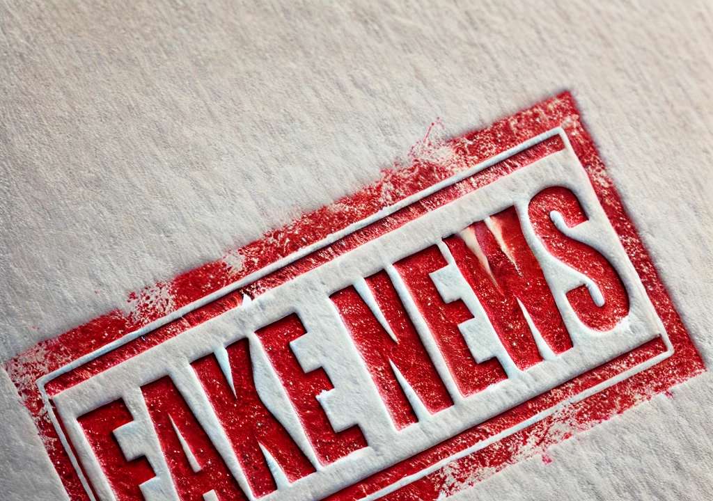 'FAKE NEWS' stamped in bold, red ink on a white paper surface. The stamp appears slightly smudged and worn, givin