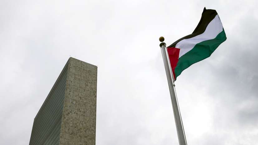The Palestinian flag flies after being raised by Palestinian President Mahmoud Abbas in a ceremony the United Nations General Assembly at the United Nations in Manhattan