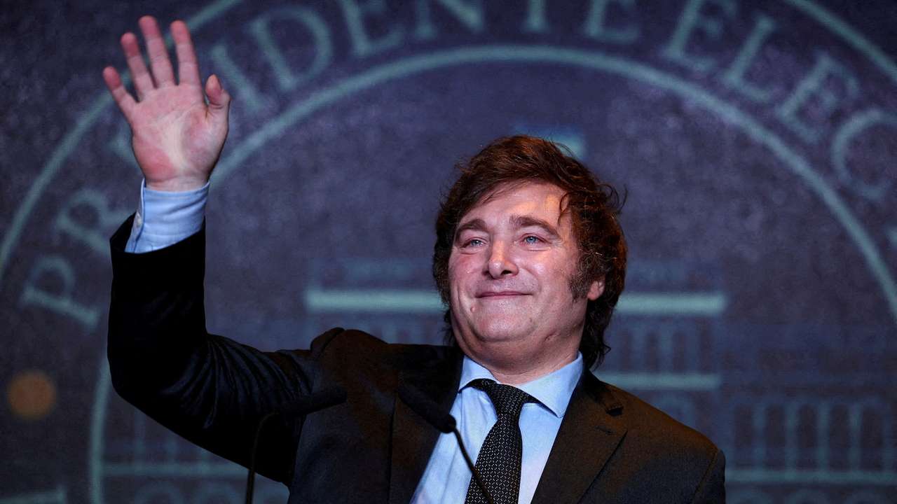 FILE PHOTO: Argentina's president-elect, Milei, addresses supporters in Buenos Aires