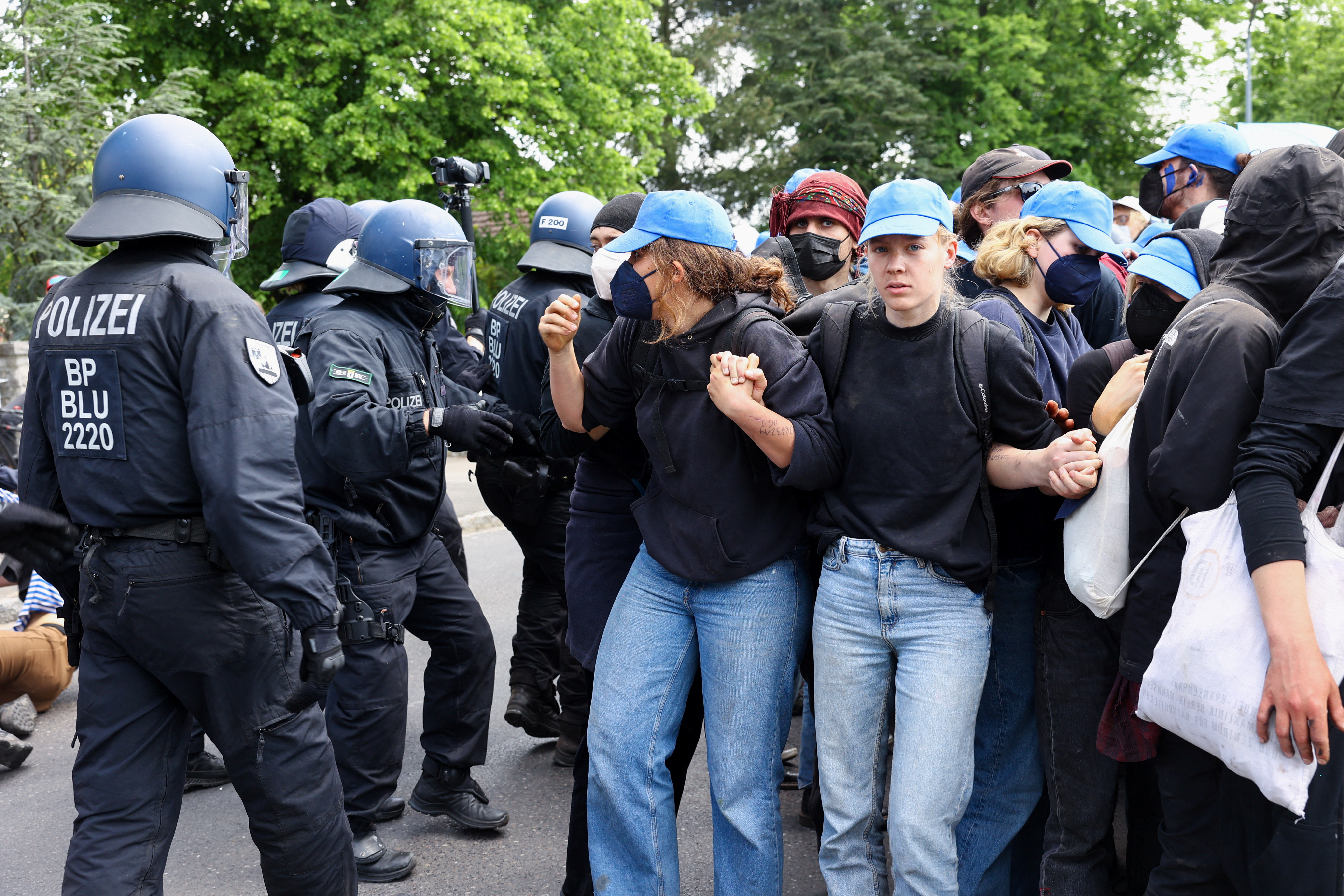 Activists protest against the expansion of the Tesla Gigafactory in Gruenheide