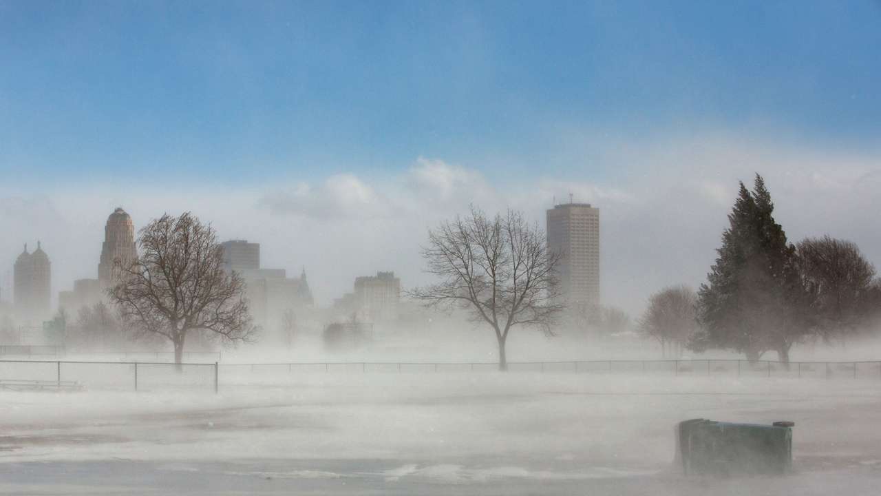 FILE PHOTO: The city skyline is seen in drifting snow during the polar vortex in Buffalo