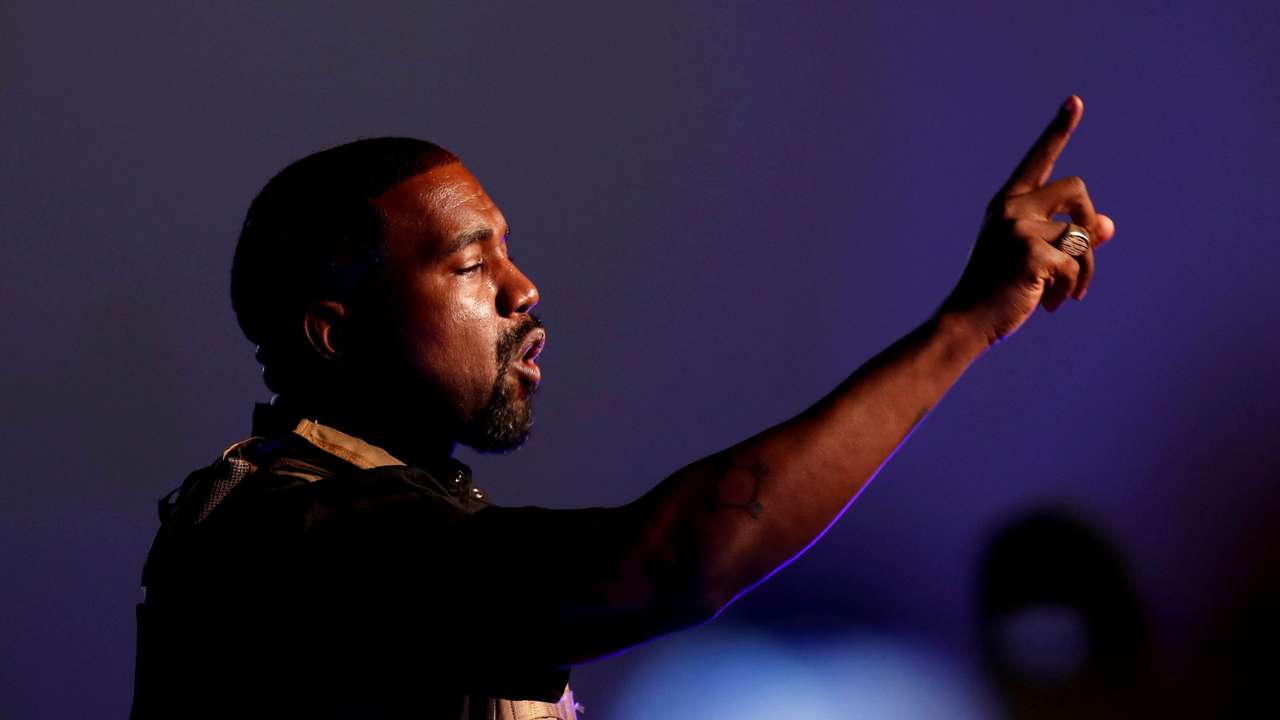 FILE PHOTO: Rapper Kanye West makes a point as he holds his first rally in support of his presidential bid in North Charleston
