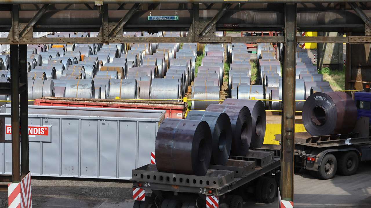 FILE PHOTO: Steel coils are lined up at the steel plant of ThyssenKrupp in Duisburg