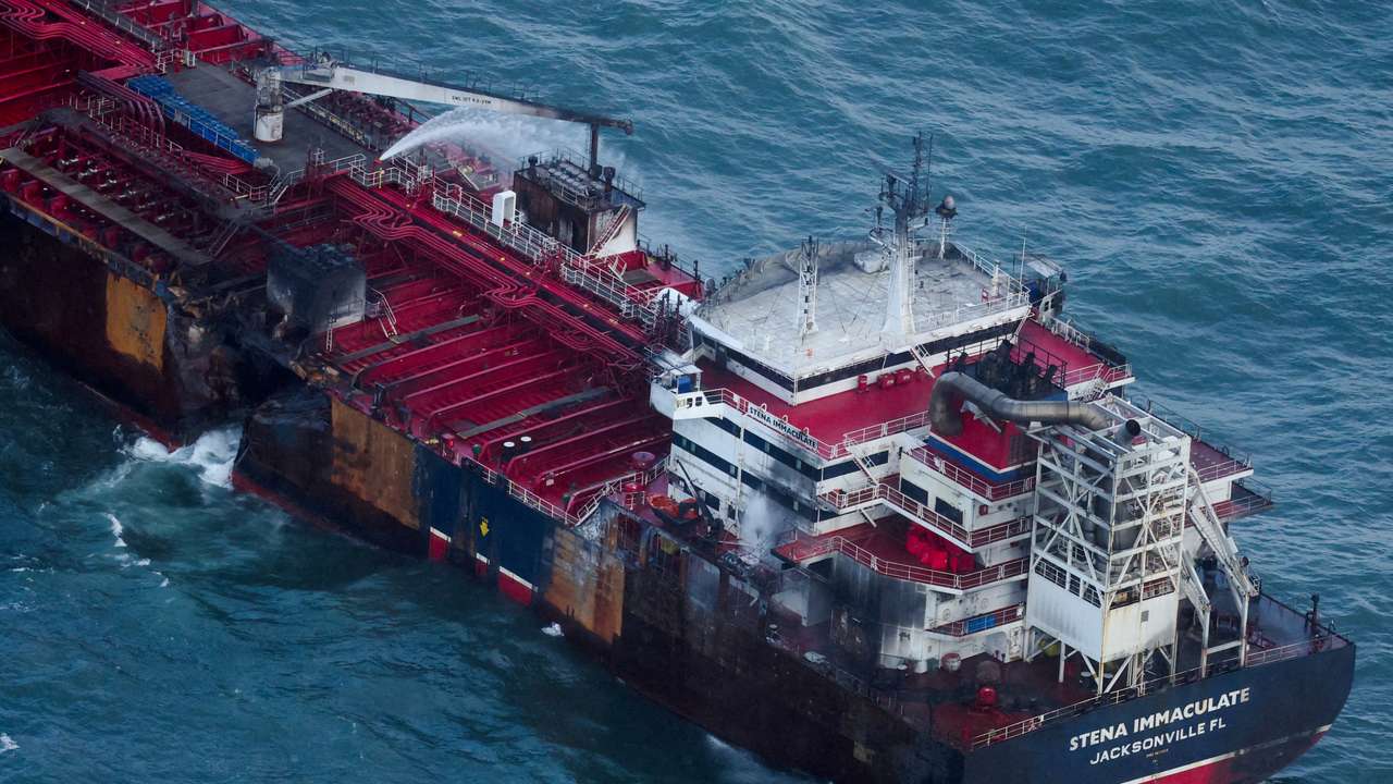 FILE PHOTO: Aftermath of collision between container ship and oil tanker