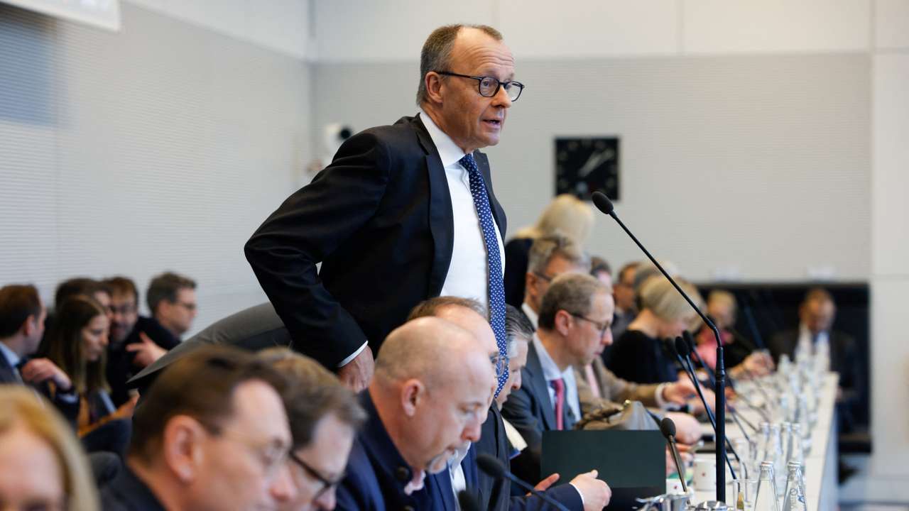 German chancellor-in-waiting Merz addresses the media in Berlin