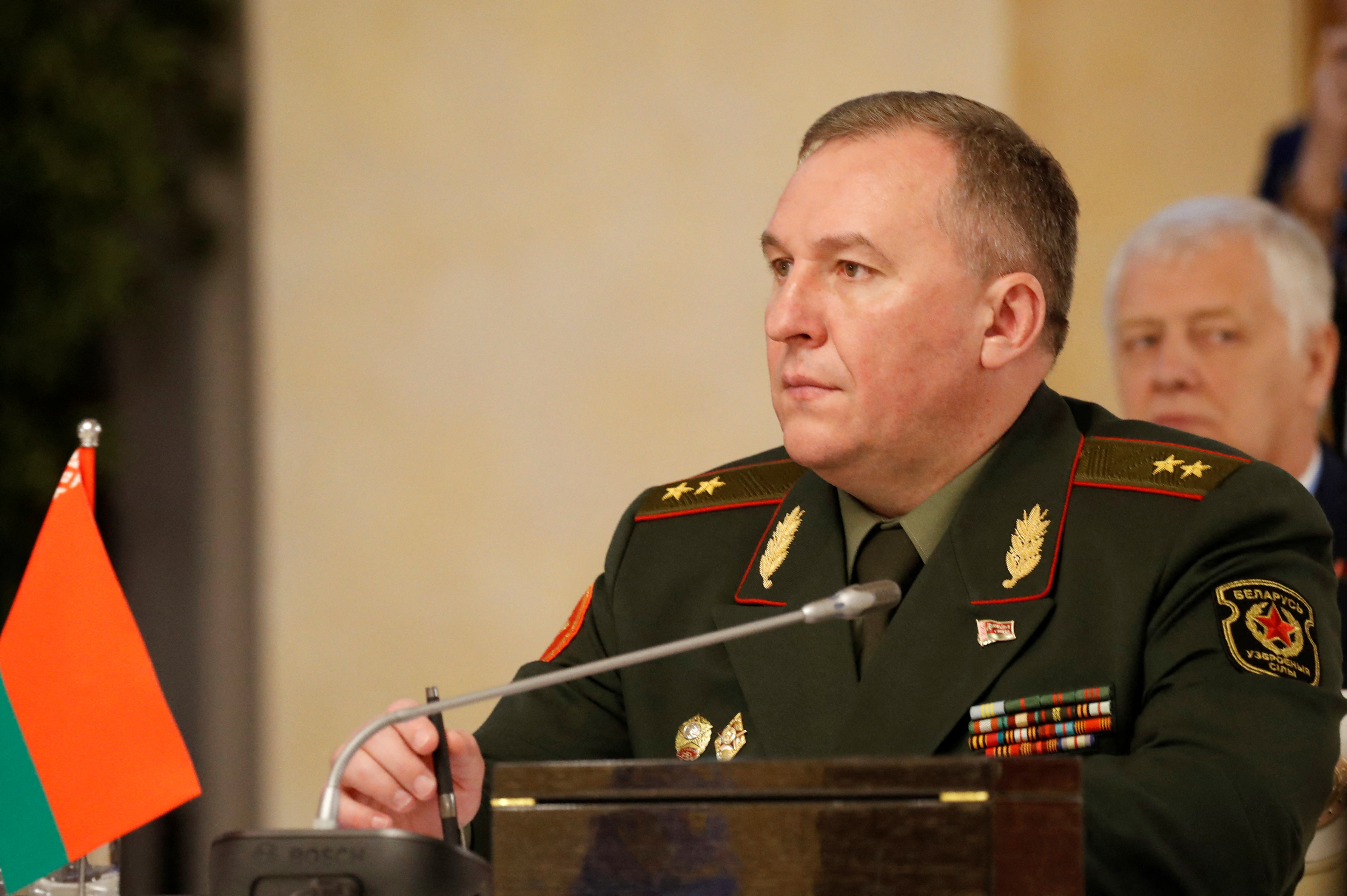 Belarusian Defence Minister Viktor Khrenin attends a meeting of the CSTO Defence Ministers' Council in Almaty