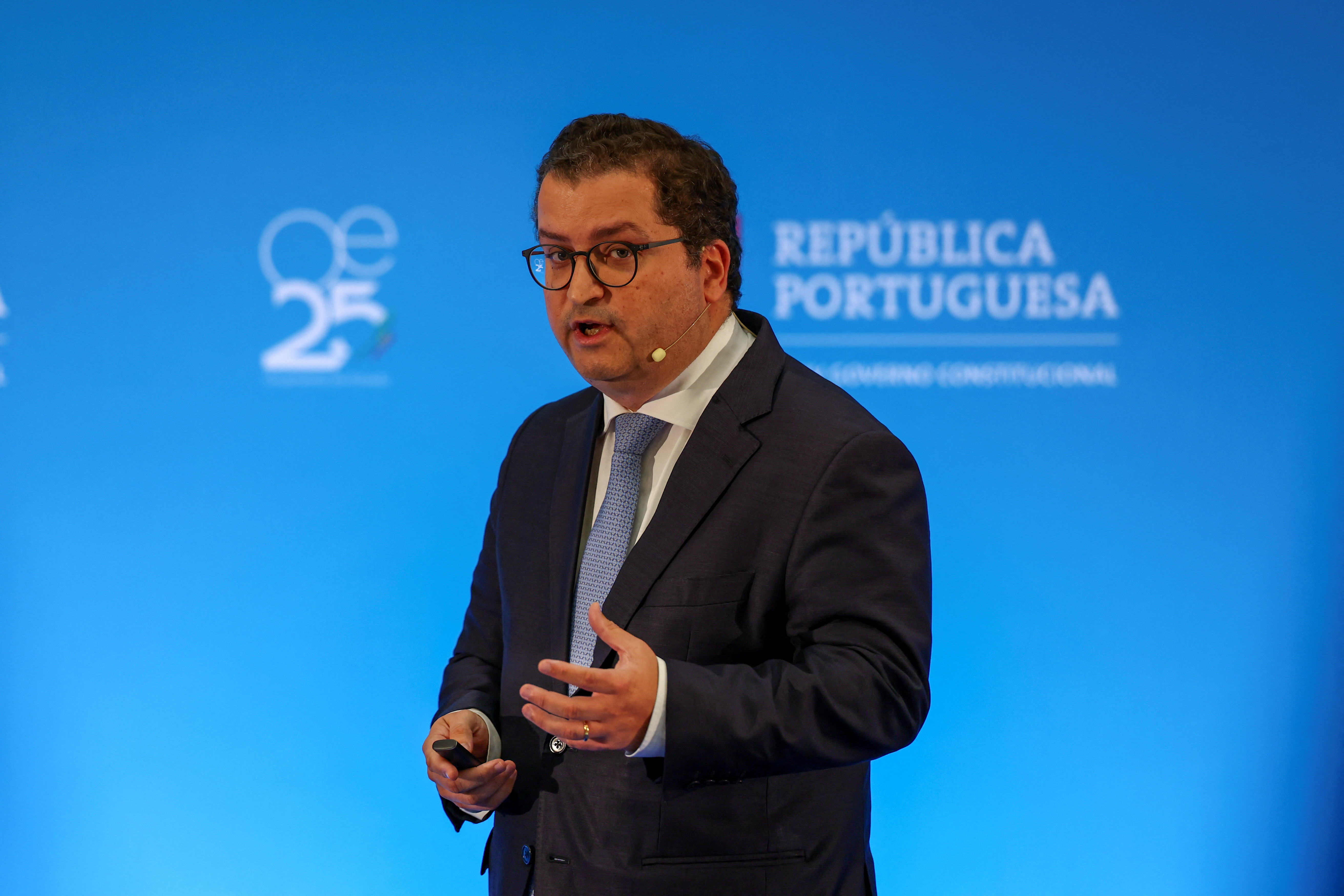 Portugal's finance minister Joaquim Miranda Sarmento speaks during a press conference on the 2025 budget draft, in Lisbon