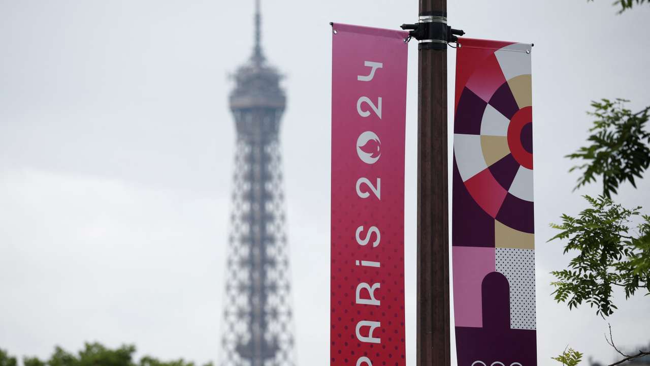 Olympic signage is displayed ahead of the Paris 2024 Olympic games in Paris