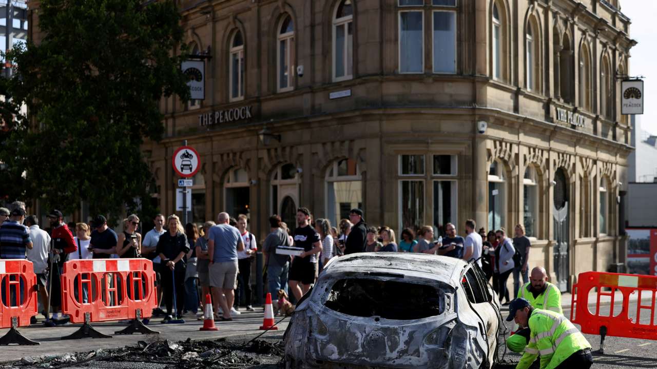 Cleanup after a night of violent anti-immigration demonstrations in Sunderland