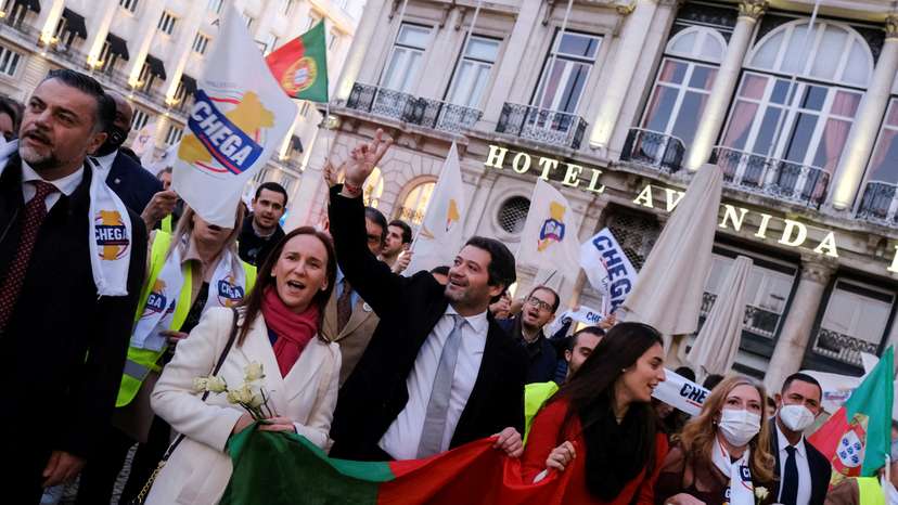 FILE PHOTO: Far right political party Chega leader Andre Ventura campaigns for general elections, in Lisbon