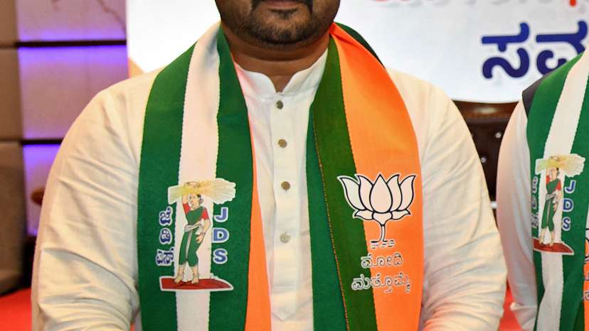 Prajwal Revanna attends a meeting to form an alliance with India's ruling Bharatiya Janata Party, in Bengaluru
