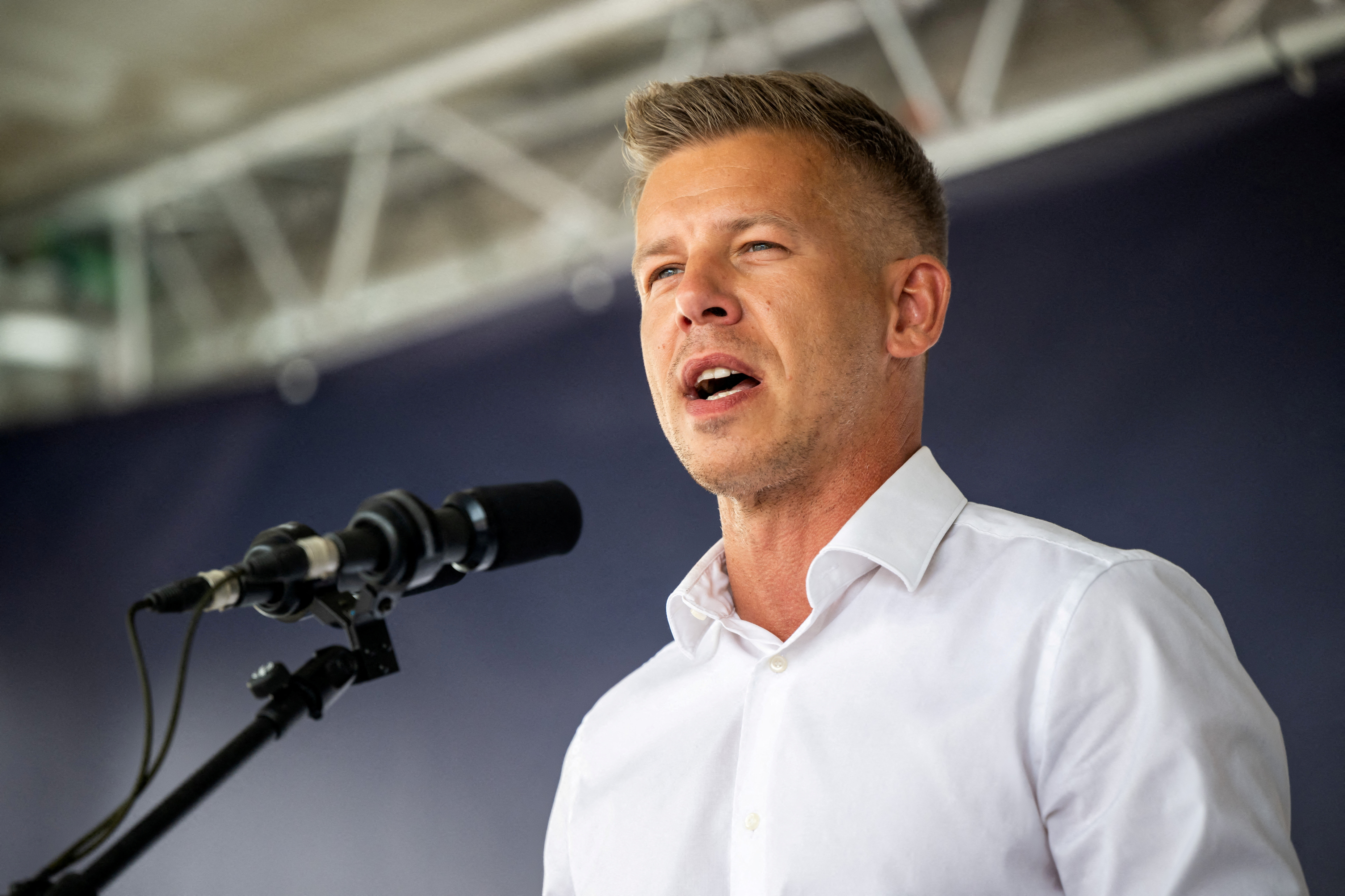 FILE PHOTO: Peter Magyar, Hungarian opposition leader, delivers a speech in Szekesfehervar