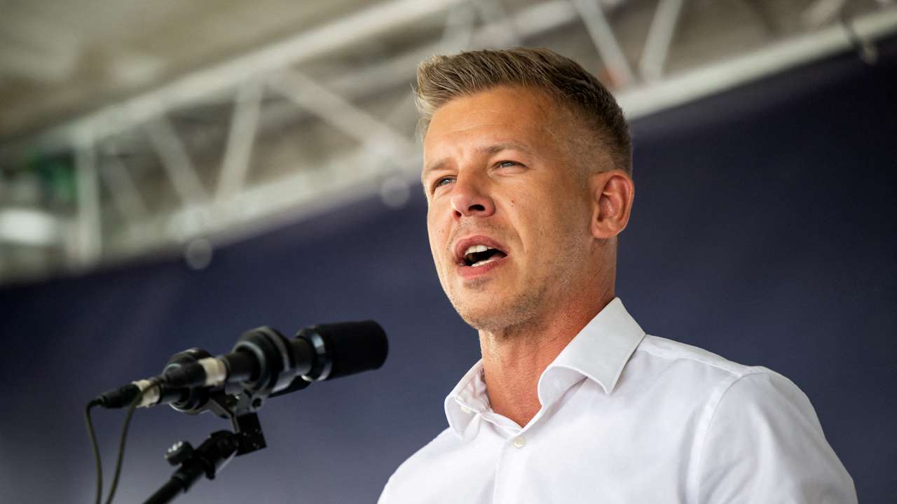 FILE PHOTO: Peter Magyar, Hungarian opposition leader, delivers a speech in Szekesfehervar