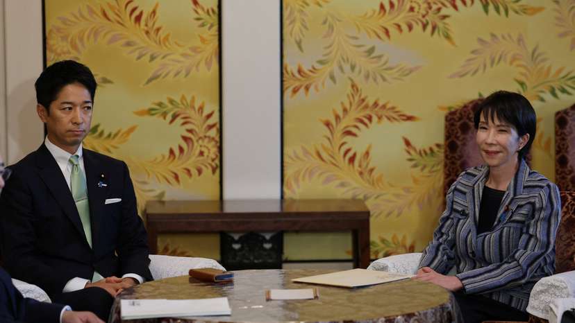 Leader of Japan's ruling Liberal Democratic Party (LDP) Sanae Takaichi meets Japan Innovation Party's co-leader Fumitake Fujita at Japan's National Diet Building, in Tokyo
