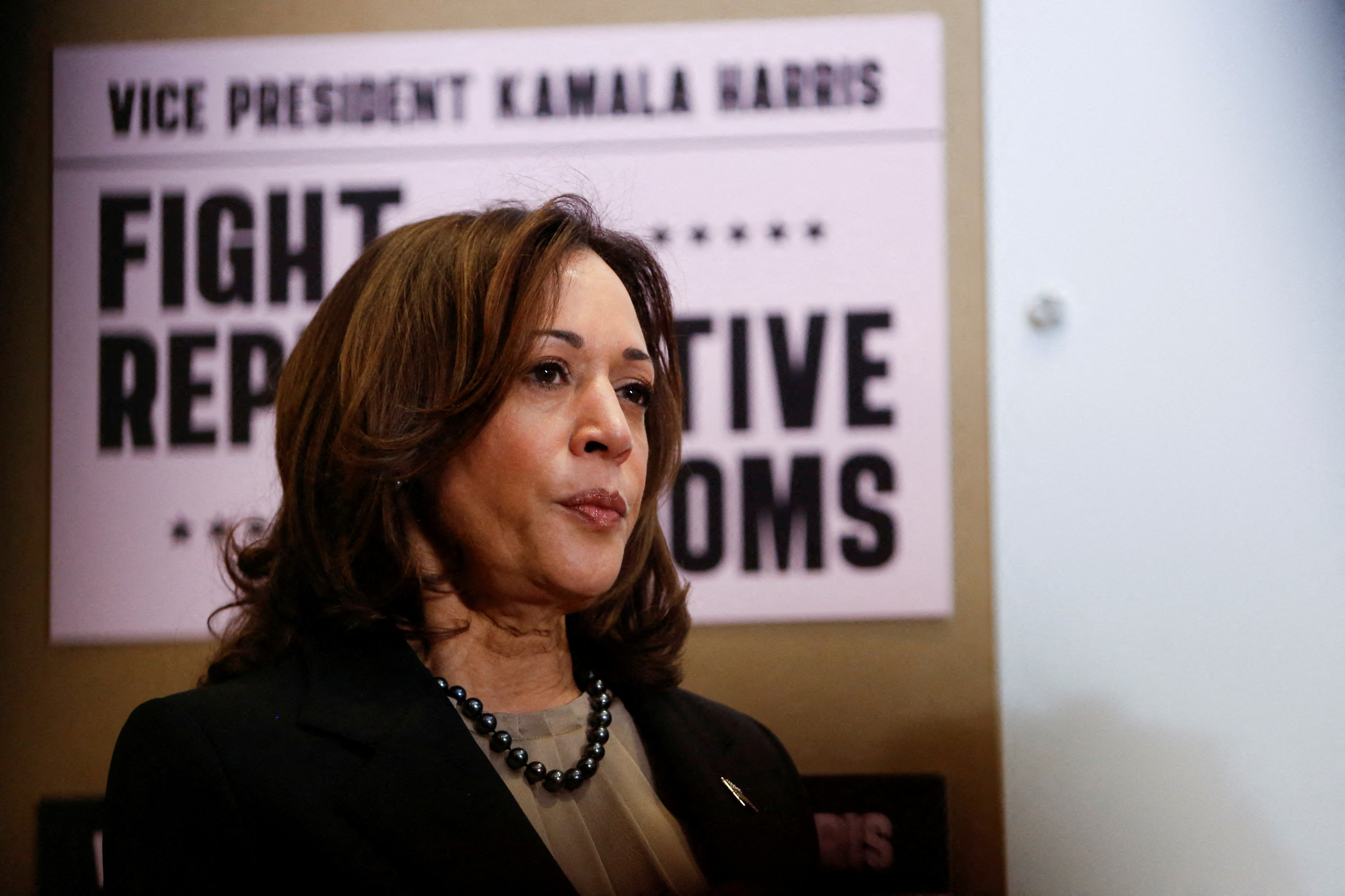 U.S. Vice President Kamala Harris visits a clinic that performs abortions, in St. Paul