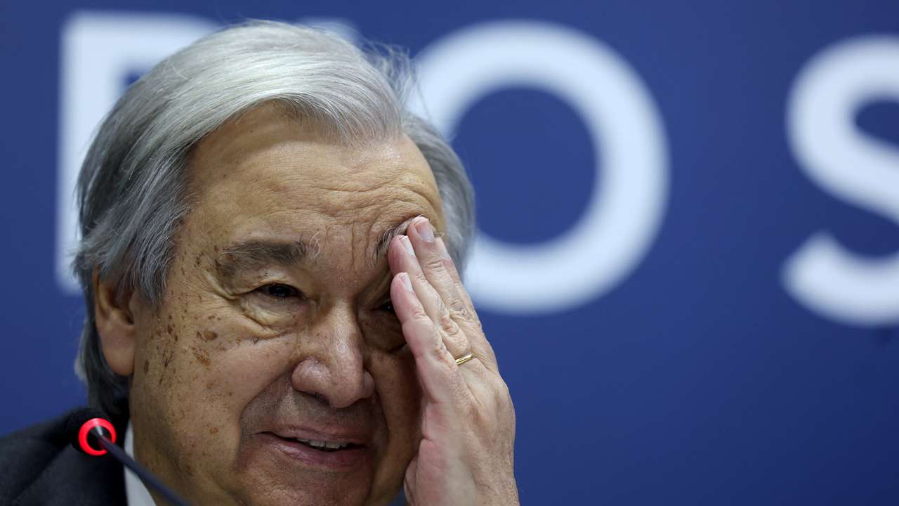 UN Secretary General Antonio Guterres attends a press conference in Rio de Janeiro