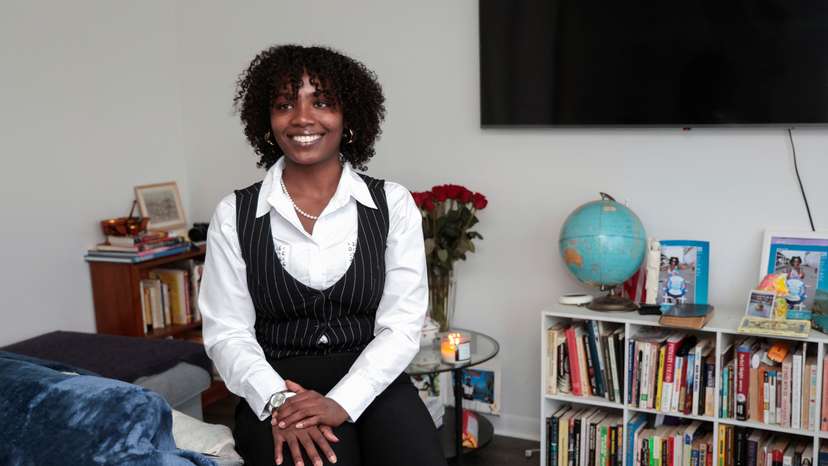 Tiesha Blackwell sits in her apartment where she works from home, in Lincoln Park, Michigan,