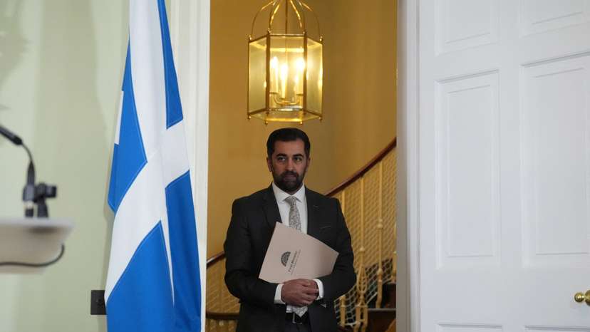 Scotland's First Minister Humza Yousaf speaks during a press conference at Bute House