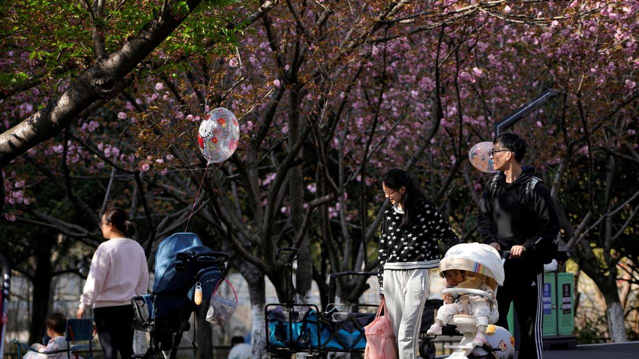 A parents pushes a stroller with a baby in a park in Shanghai