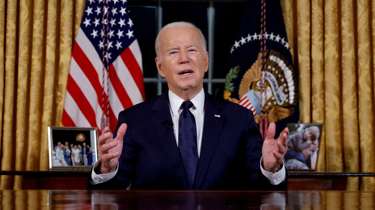 FILE PHOTO: President Joe Biden delivers an address to the nation from the Oval Office of the White House in Washington