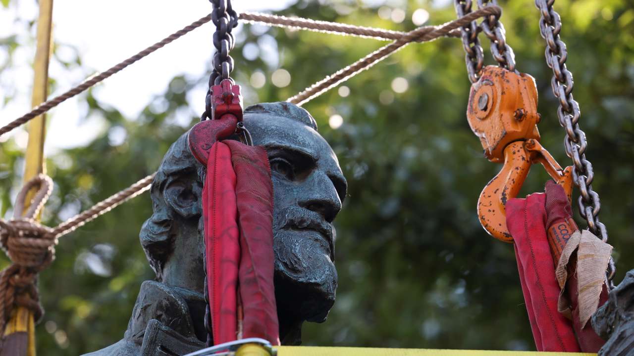 A statue of Confederate General Thomas "Stonewall" Jackson is removed, in Charlottesville
