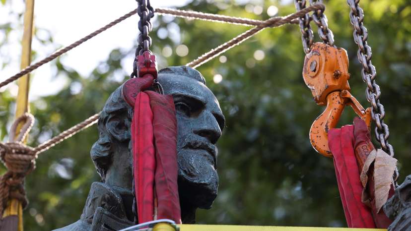 A statue of Confederate General Thomas "Stonewall" Jackson is removed, in Charlottesville