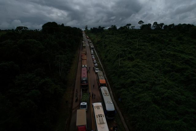 Munduruku Indigenous people block Brazil's BR 230 national highway, in Itaituba