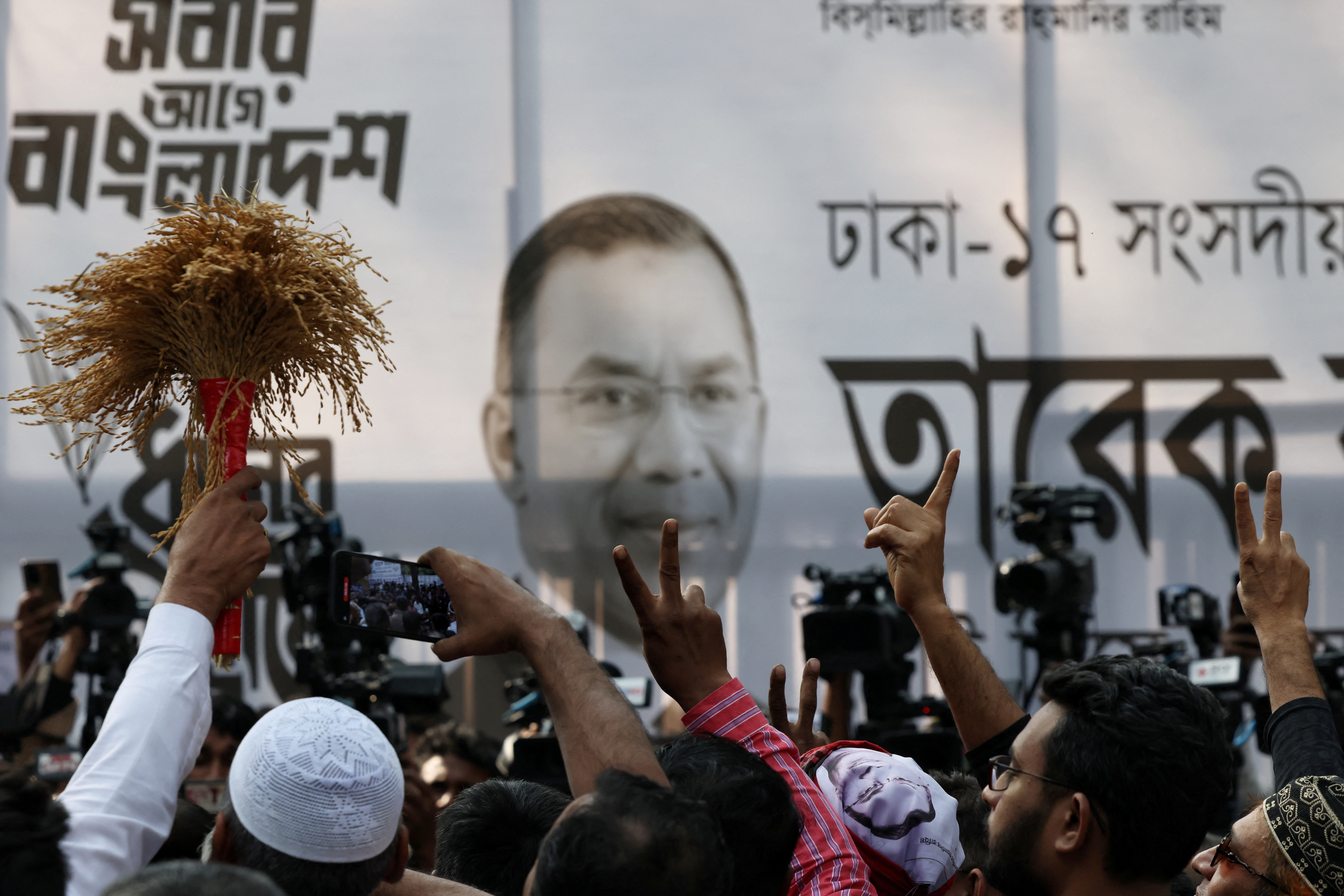 Tarique Rahman, chairman of Bangladesh Nationalist Party, moves on a car to go to the mosque to attend Friday prayer, following the unofficial victory on 13th general election, in Dhaka