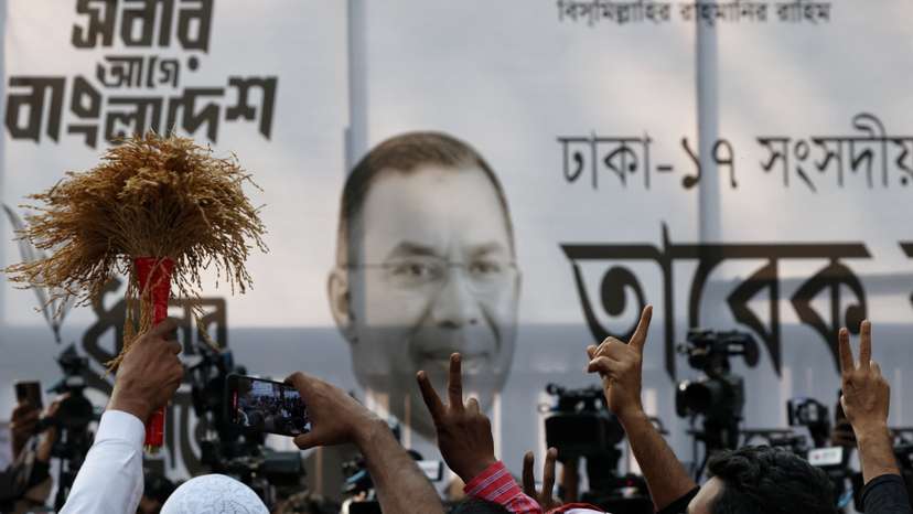Tarique Rahman, chairman of Bangladesh Nationalist Party, moves on a car to go to the mosque to attend Friday prayer, following the unofficial victory on 13th general election, in Dhaka