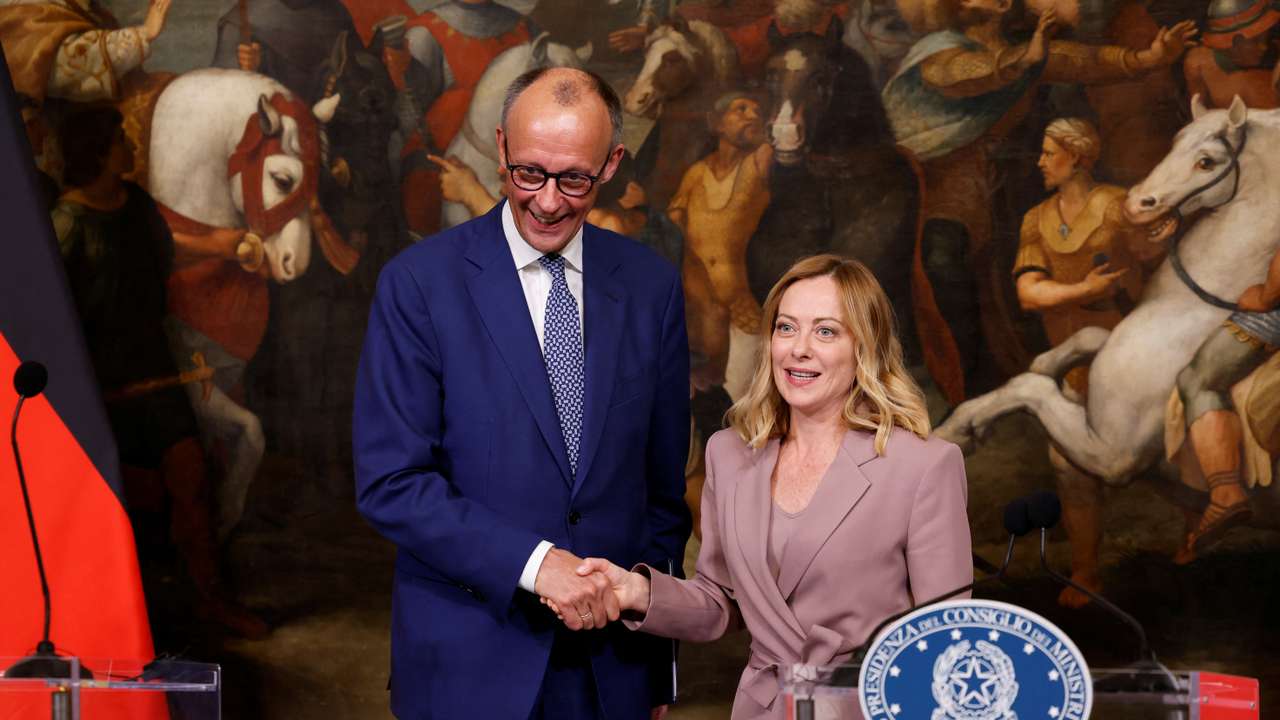 Italian PM Meloni and German Chancellor Merz attend a press conference, in Rome