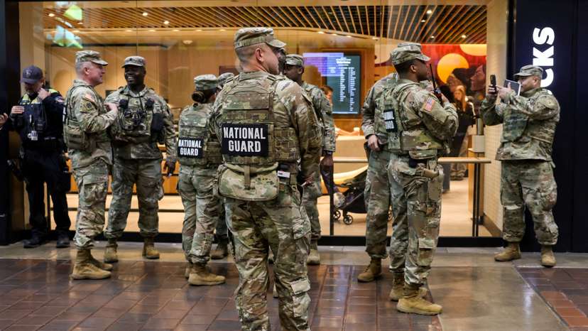 FILE PHOTO: Members of the National Guard stand at Union Station in Washington, D.C.