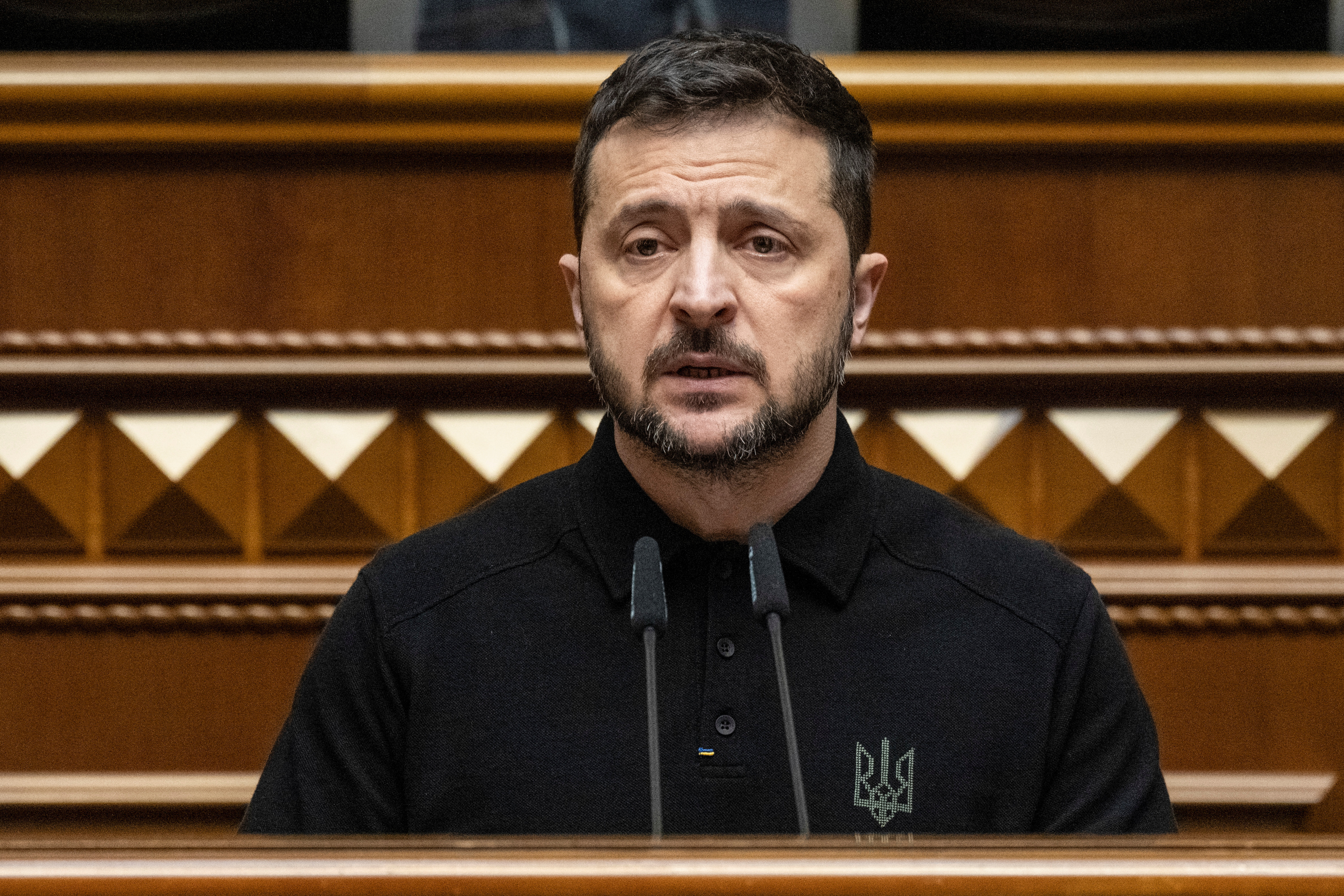 Ukraine's President Zelenskiy addresses lawmakers during a parliament session in Kyiv