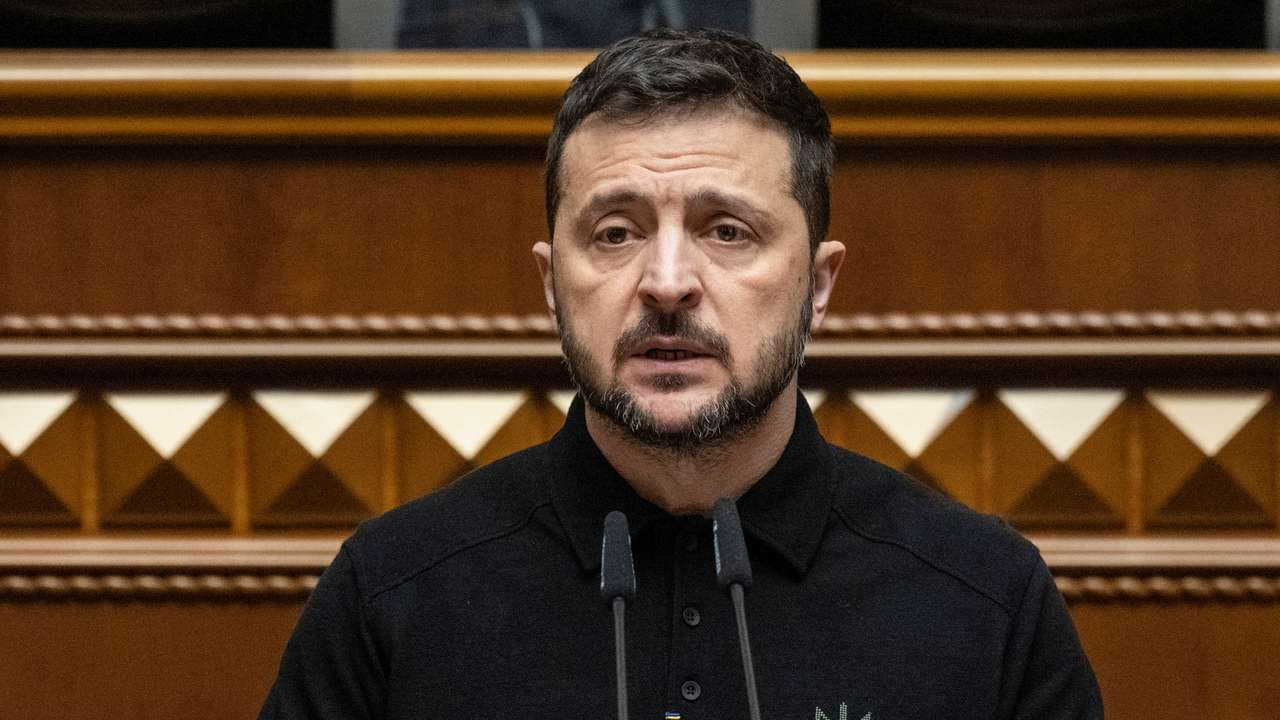 Ukraine's President Zelenskiy addresses lawmakers during a parliament session in Kyiv