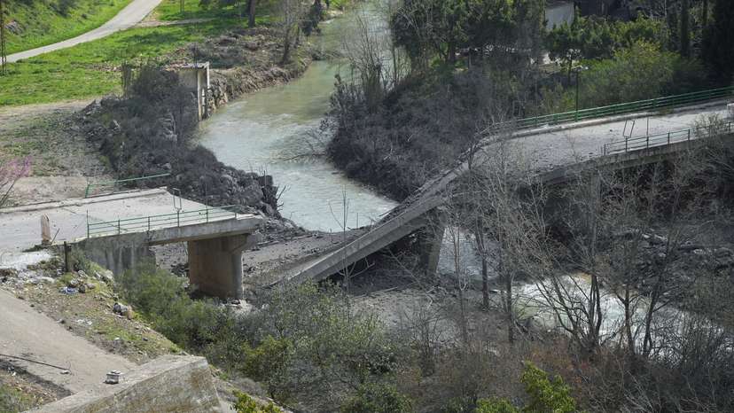 The damaged Zrarieh Bridge over the Litani river, after it was hit by an Israeli strike in Tayr Falsay