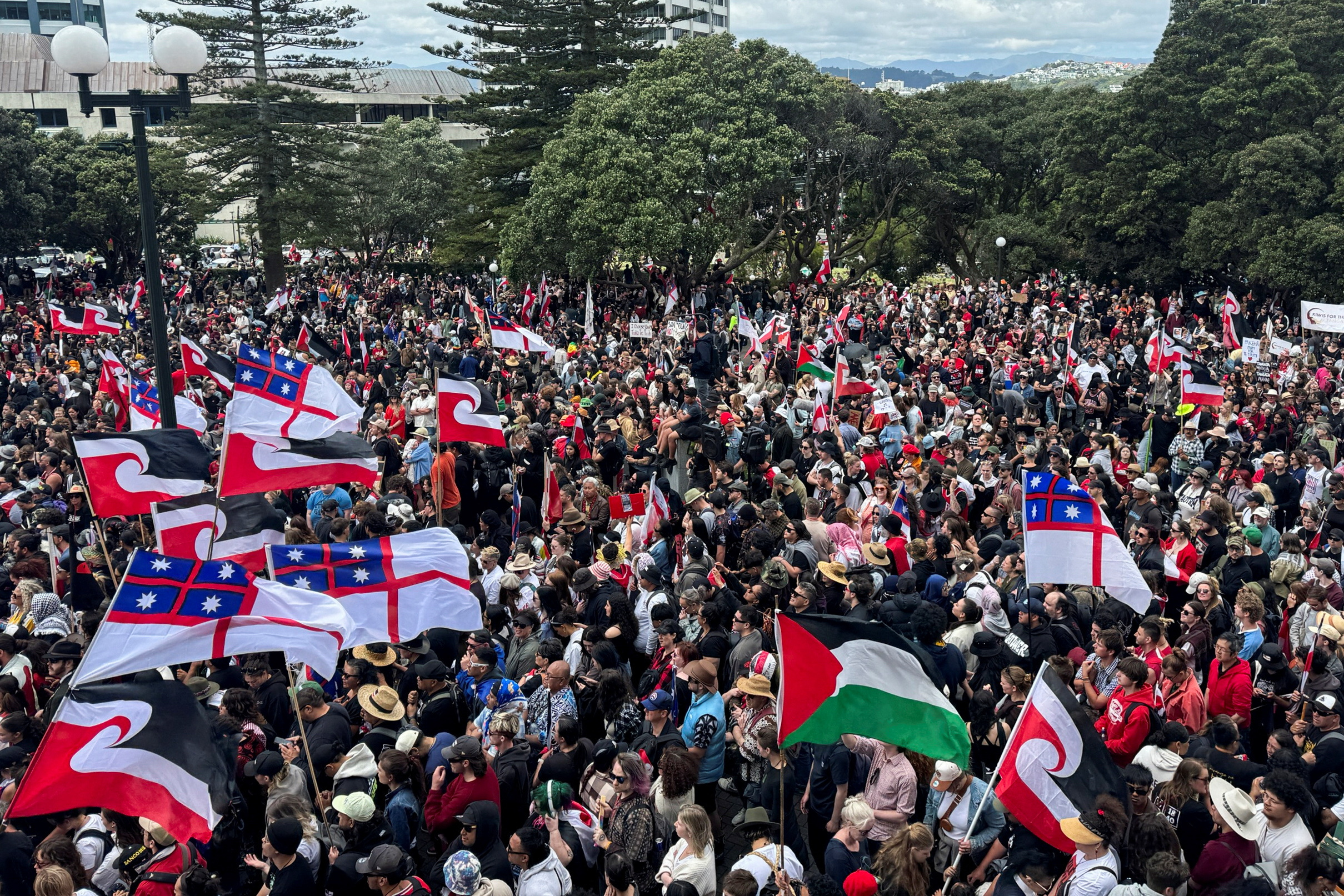 People march to the parliament in protest of the Treaty Principles Bill, in Wellington