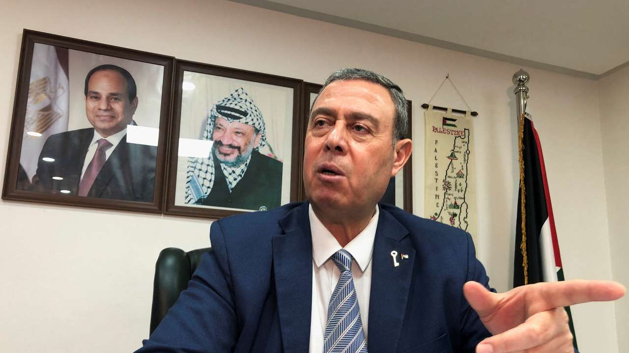 Palestinian Ambassador to Egypt Diab al-Louh speaks during an interview with Reuters at the Palestine embassy in Cairo