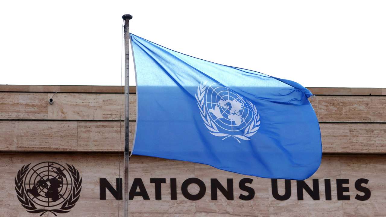 A flag is seen on a building during the Human Rights Council at the United Nations in Geneva