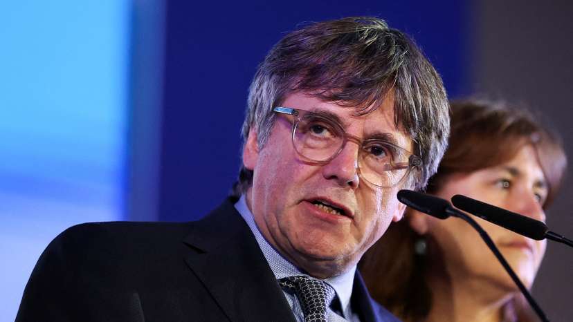 FILE PHOTO: Exiled Catalan separatist leader Carles Puigdemont speaks on the day of Catalonia's regional elections