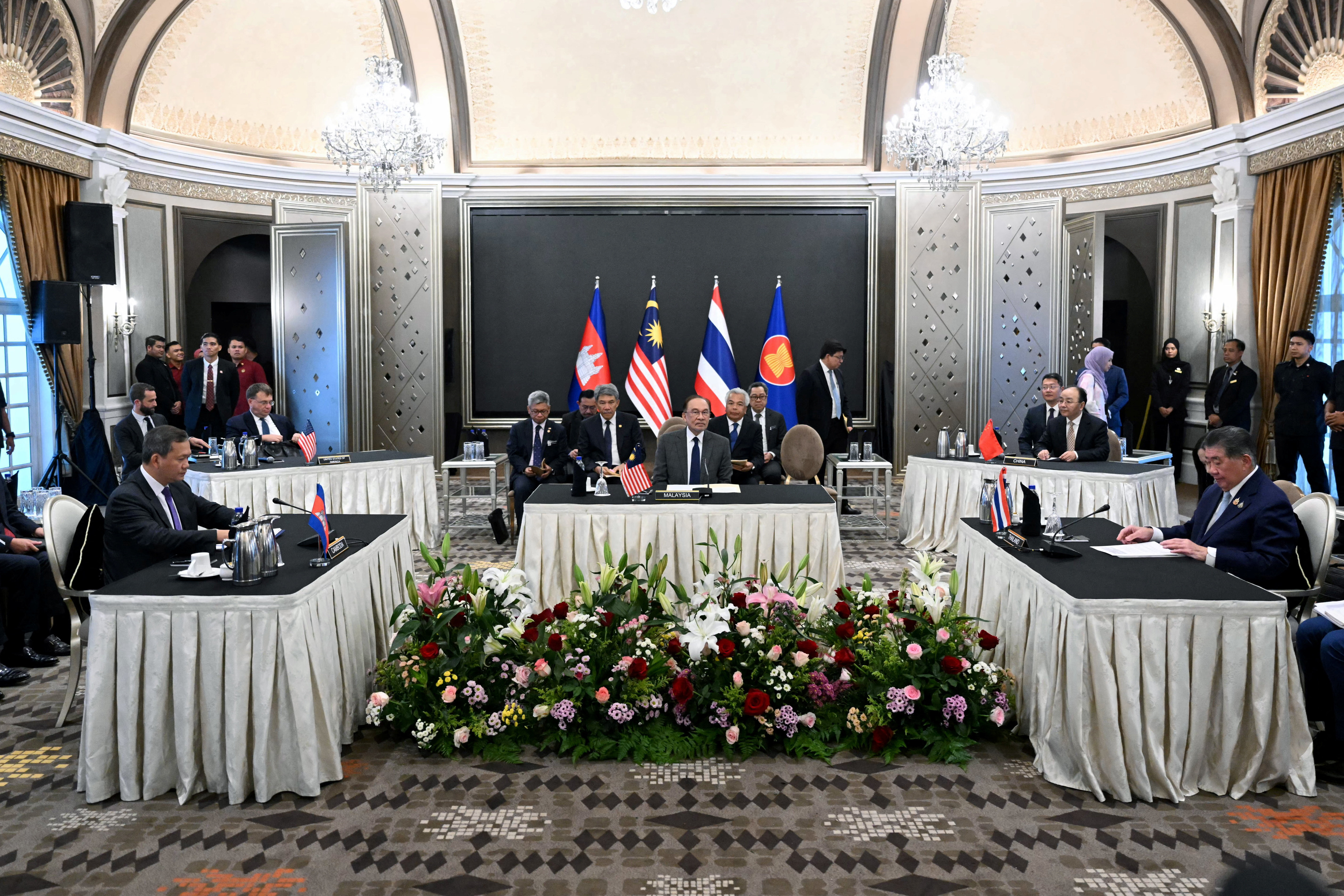Malaysia's Prime Minister Ibrahim, Cambodia's Prime Minister Manet and Thailand's acting Prime Minister Wechayachai take part in mediation talks, in Putrajaya