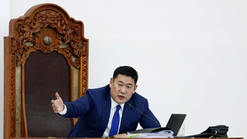 Mongolian Prime Minister Luvsannamsrain Oyun-Erdene speaks at the parliament in Ulaanbaatar