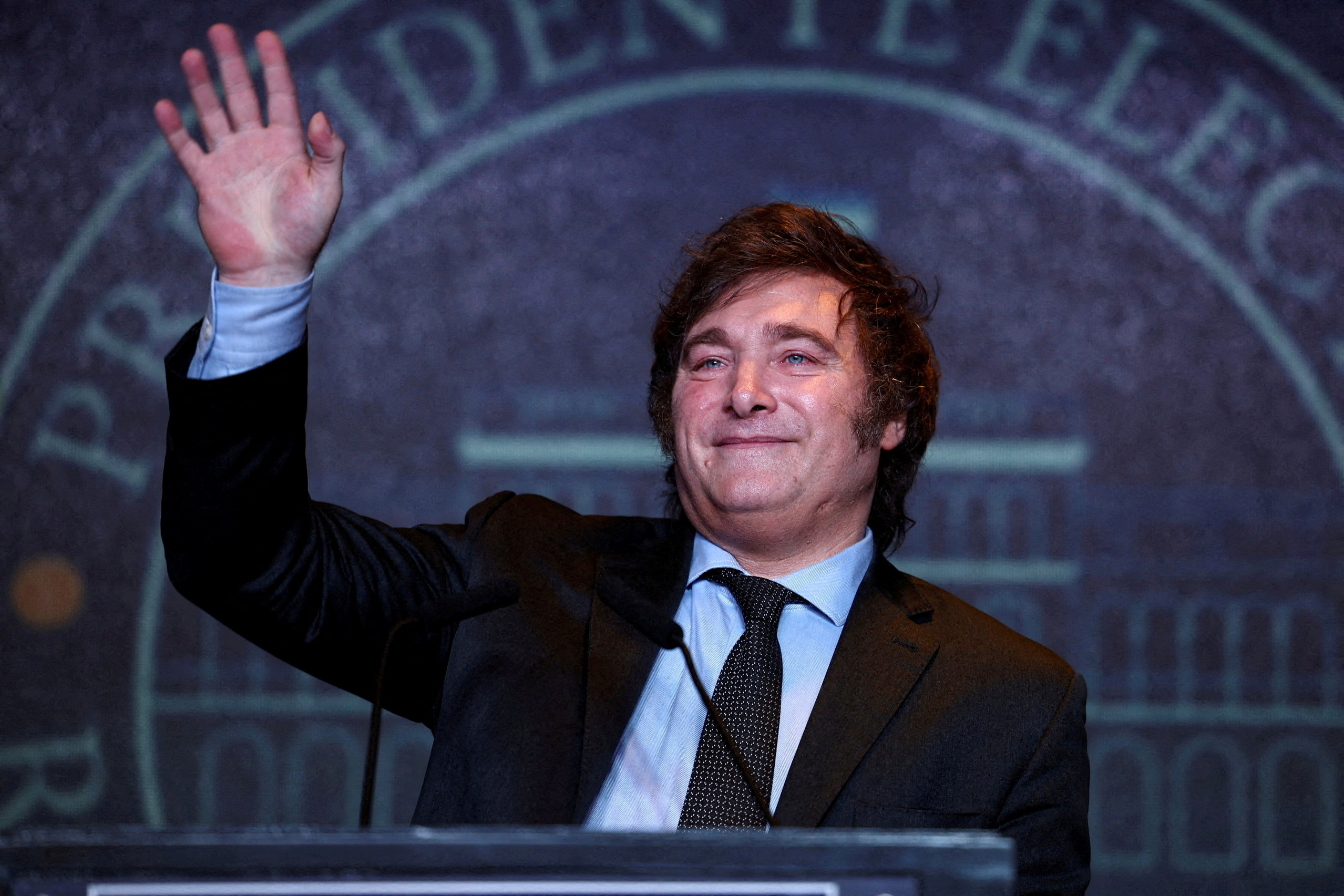 FILE PHOTO: Argentina's president-elect, Milei, addresses supporters in Buenos Aires