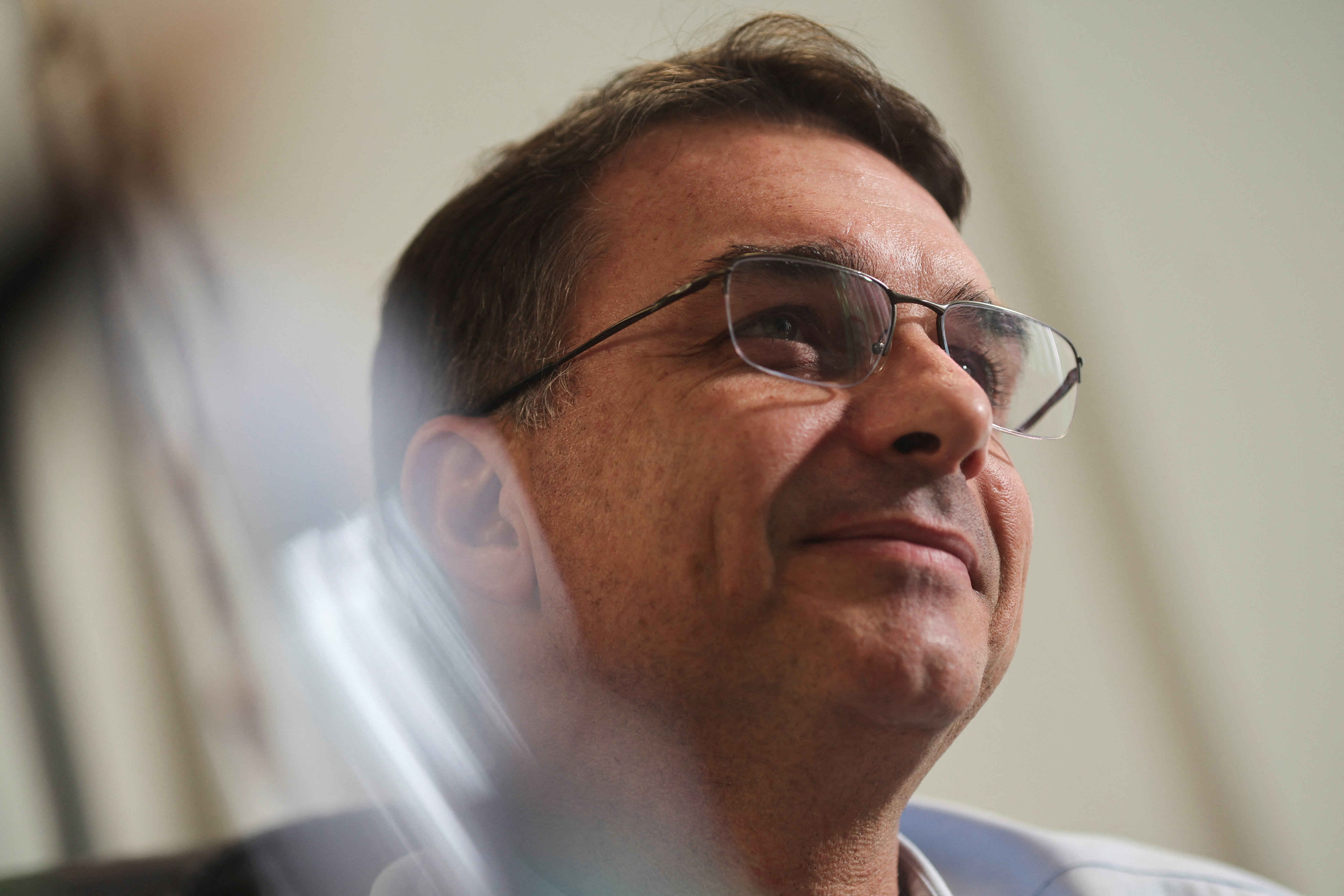 Senator Flavio Bolsonaro, son of Brazil's former President Jair Bolsonaro, attends an interview with Reuters