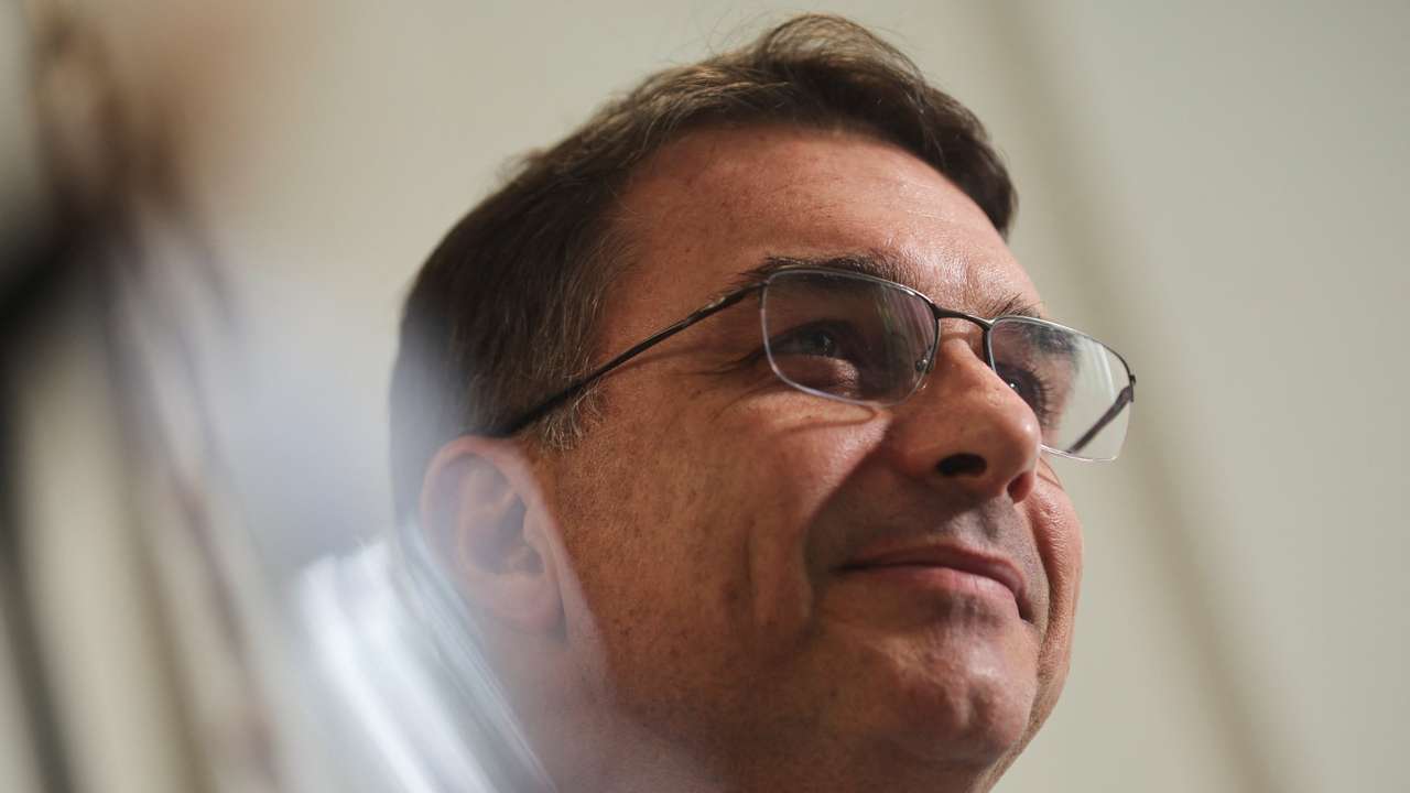 Senator Flavio Bolsonaro, son of Brazil's former President Jair Bolsonaro, attends an interview with Reuters